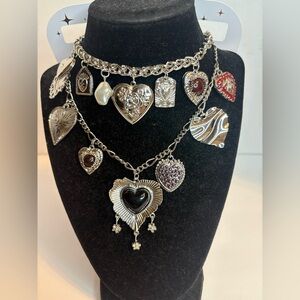 Multi-Layer Silver Heart Charm Necklace with Red Accents
